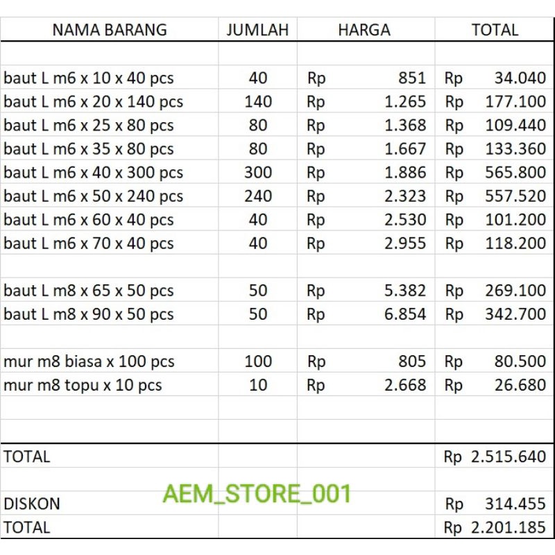 pesanan khusus Baut BAUT L STAINLESS