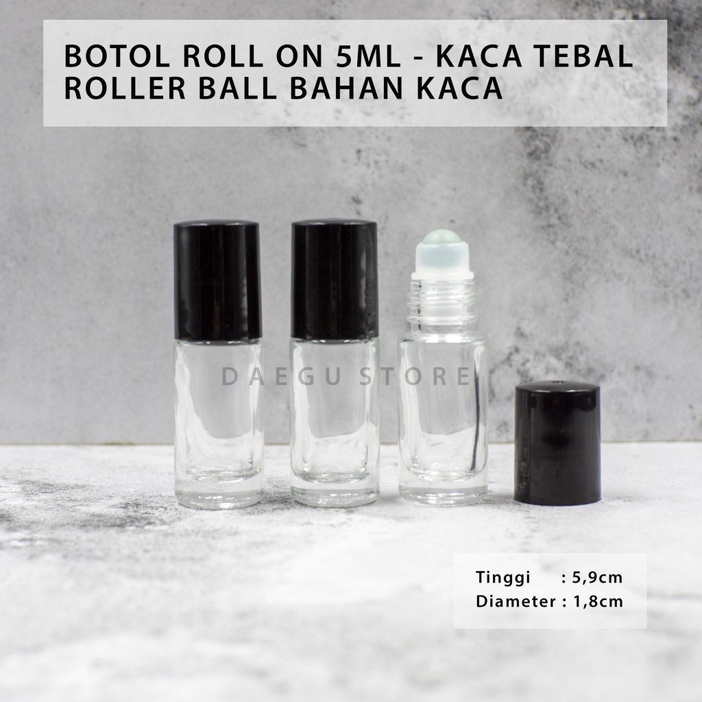 Botol Roll On 5ml - Bola Kaca - Kaca Tebal Tutup Hitam Essential Oil Parfum Refillable Transparan