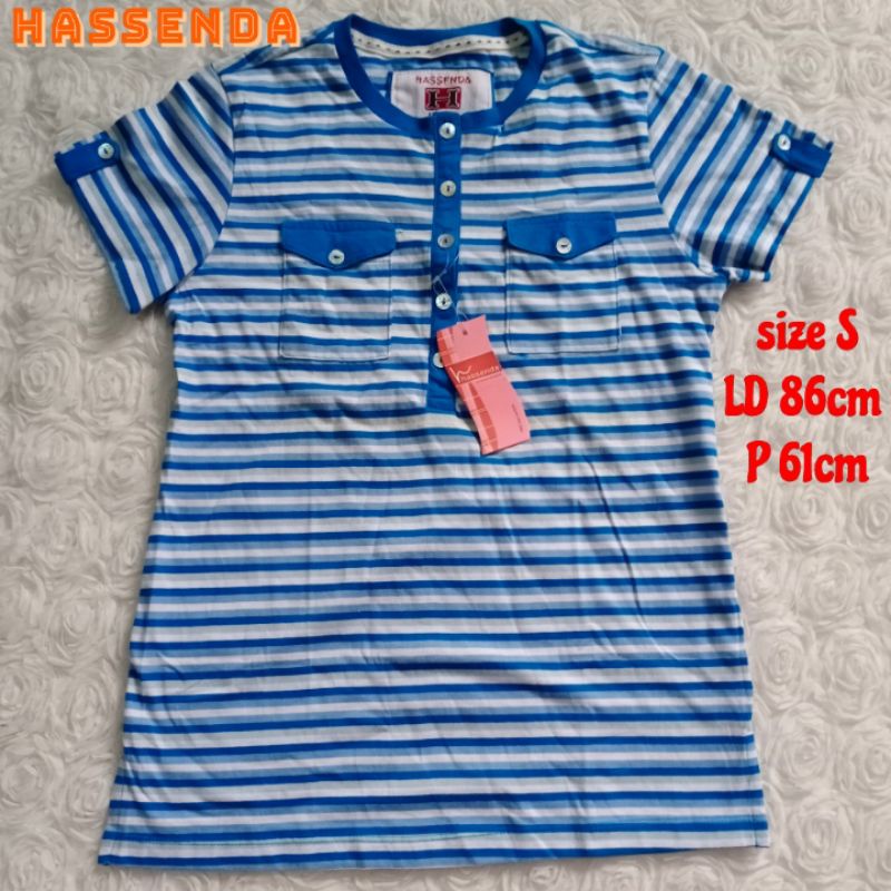 HASSENDA S Kaos tshirt atasan wanita remaja warna biru putih motif garis perempuan cewek lengan pend