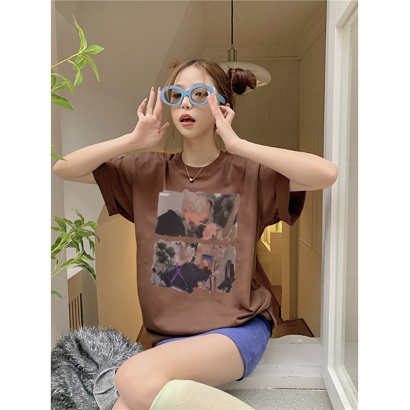 XIAOZHAINV Kaos Atasan Wanita Painting Pattern Lengan Pendek Cokelat A0166