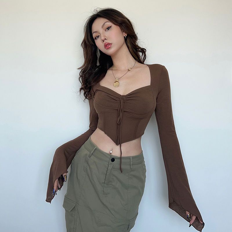 ♀✷ﺴSuhao Eropa dan Amerika hot girl style fitur hem tidak beraturan lipit dada berbentuk persegi leher lengan panjang top slim fit T-shirt ins