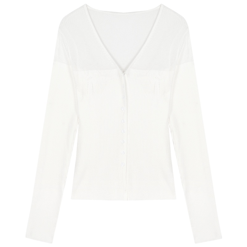 ∏◕▪Suhao rasa desain ceruk jahitan kardigan rajutan wanita musim gugur hot gadis v-neck tabir surya kemeja ketat lengan panjang atasan pendek
