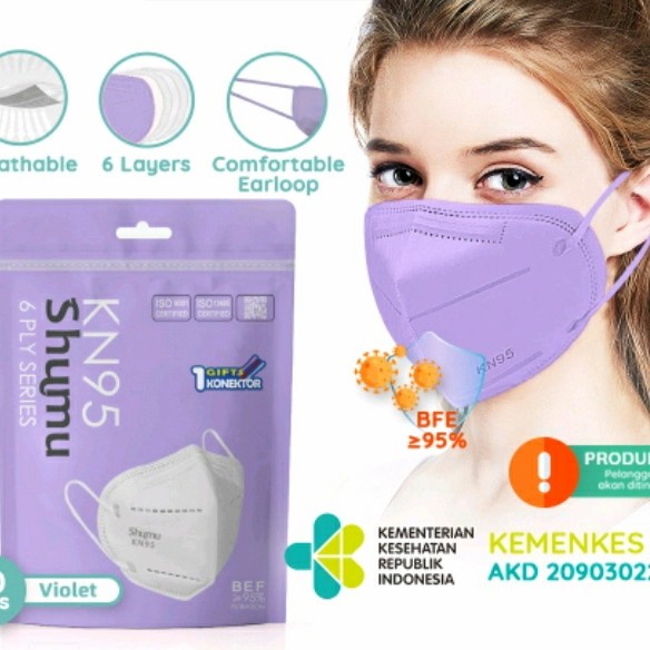 MASKER KN95 SHUMU 6PLY SERIES ISI 10pcs ISO CERTIFIED PURPLE/MASKER KN95 MURAH/MASKER SHUMU