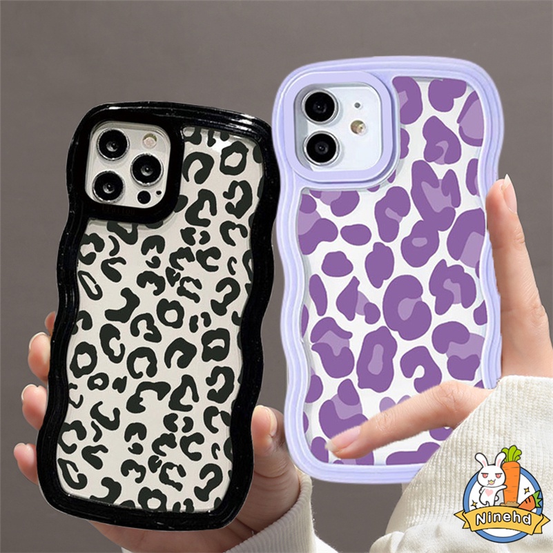 IPHONE Casing Kompatibel Untuk Iphone14 13 12 11 Pro Max X Xr Xs Max8 7 6 6s Plus Ungu Tua Motif Leopard Gelombang Frame Phone Case Silikon Soft Case Cover Pelindung