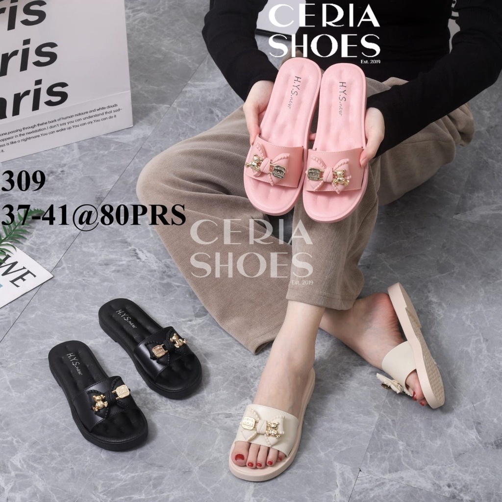 PVC Sandal Slop Wanita Karet Jelly Kokop Pita Golden Pin Bear Bahan Elastis Empuk Sol Anti Slip Rubber 309