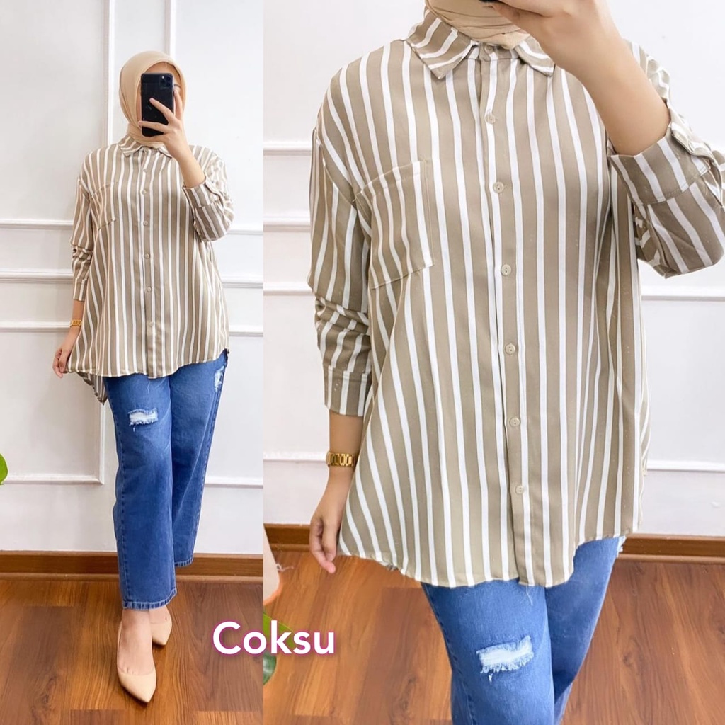 Kemeja Saja Dissy Salur Oversize Model Belakang Belah Bahan Syakila Premium Setrip