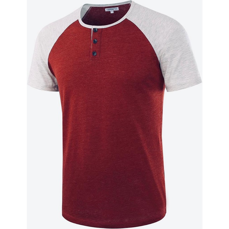 kaos pria lengan pendek model raglan kombinasi warna memiliki kancing  di depan