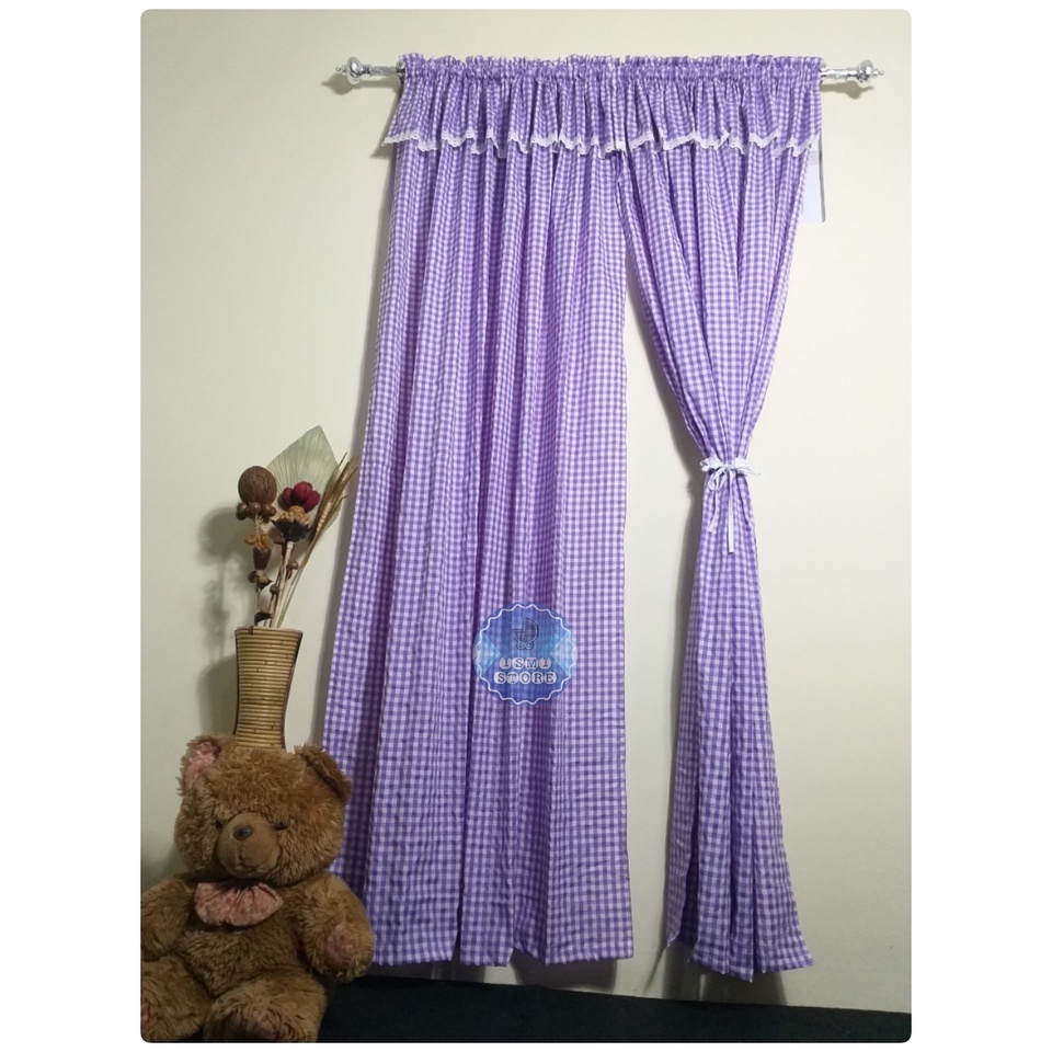 GORDEN PINTU / Tirai JENDELA Minimalis Berhias Poni RENDA RAJUT FREE Tali Motif Kotak Gingham Unik Kekinian Gordeng Jendela by Ismi Store