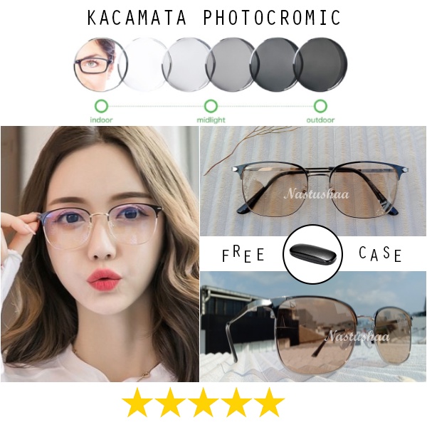 Kacamata Lensa Photocromic Bingkai Model Kotak Besi Kacamata Photochromic Berubah Warna Pria Wanita FREECASE