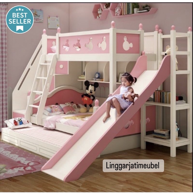 Tempat tidur tingkat anak perempuan dewasa kayu 3 susun dipan tingkat anak Perosotan minimalis dipan