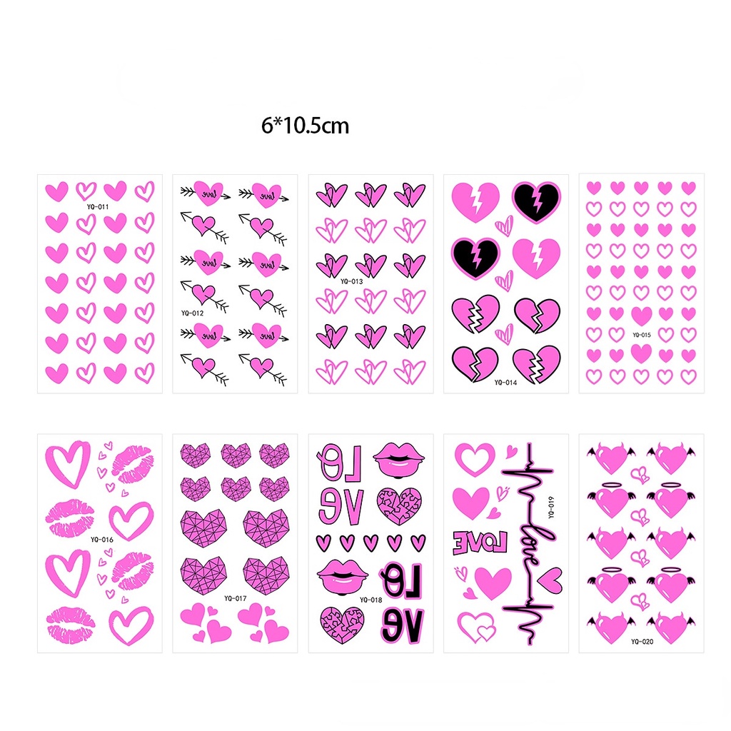 [Warna Random] Hari Valentine Tahan Air Tato Fashion Wanita Jari Lengan Wajah Bersinar Tato Cinta Hati Bercahaya Tato Stiker Pink Hati Glow Tato Temporer