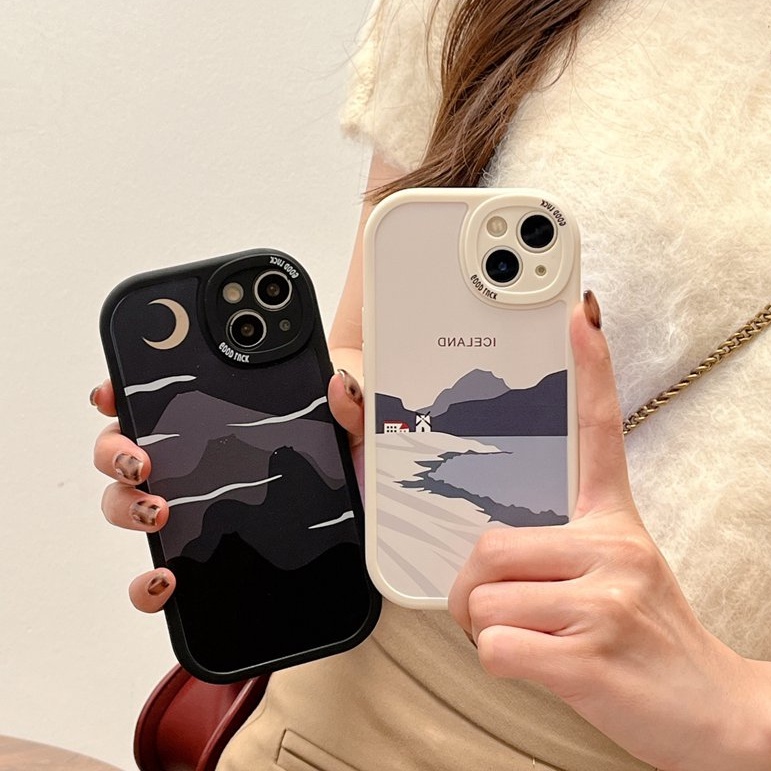 [Baolongwish] Couple Black Peak Moon Soft Case Apple iPhone 6S 7 8 Plus XR XS Max 11 12 13 14 Pro max 14 pLUS Black Silicone Case Cloud