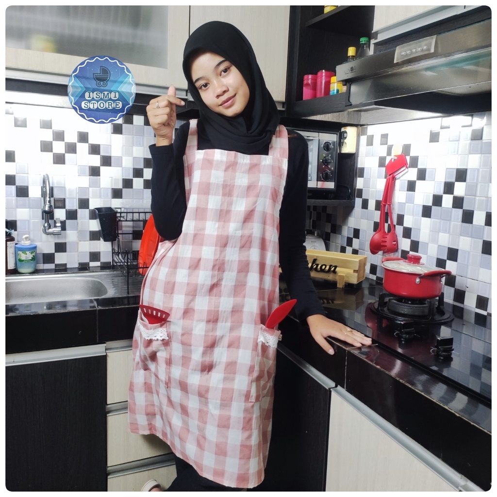 APRON Korea Y Strap Full Badan / Celemek Masak Gaya Kekinian Motif Kotak Gingham by Ismi Store (A4)