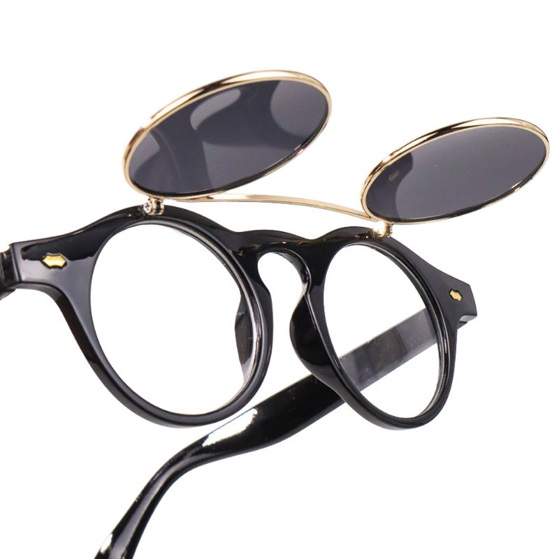 MOLNIYA Kacamata Fashion Pria Wanita Double Frame Steampunk 14 cm Desain Retro Klasik Bulat 2 Kaca Dua Lensa Frame Keren Kekinian Korea Anti UV Bening Hitam Alloy Polycarbonate