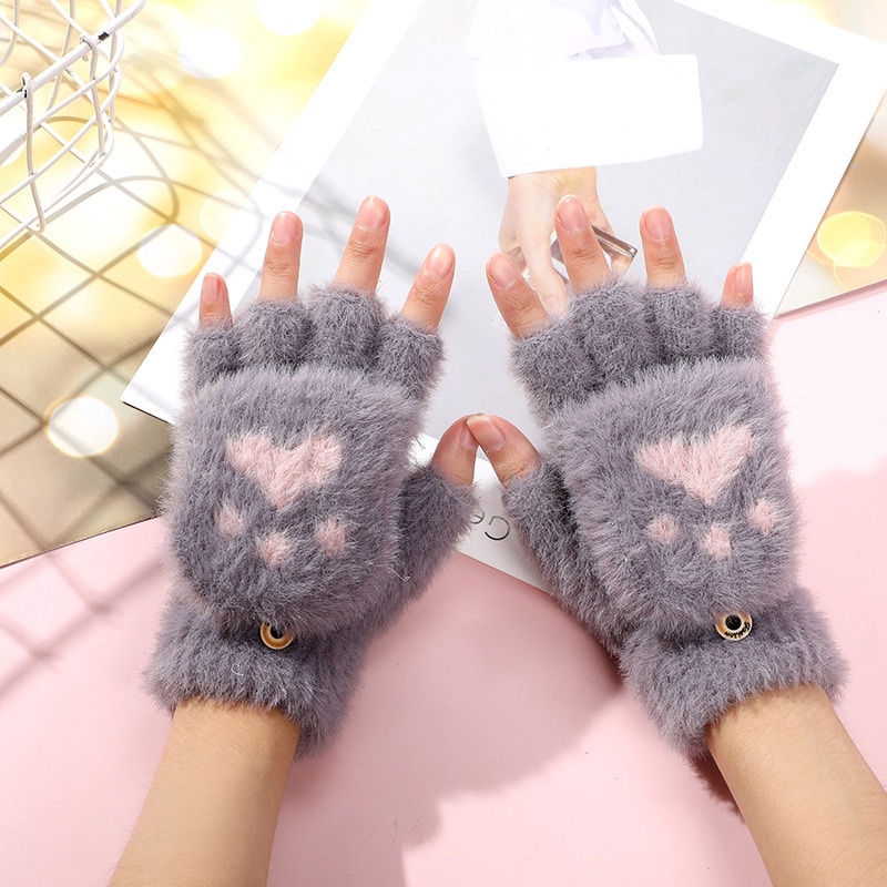 Sarung tangan bulu wanita winter gloves woman women import hangat lembut half finger fingerless 2in1 cat glove musim dingin paw kucing