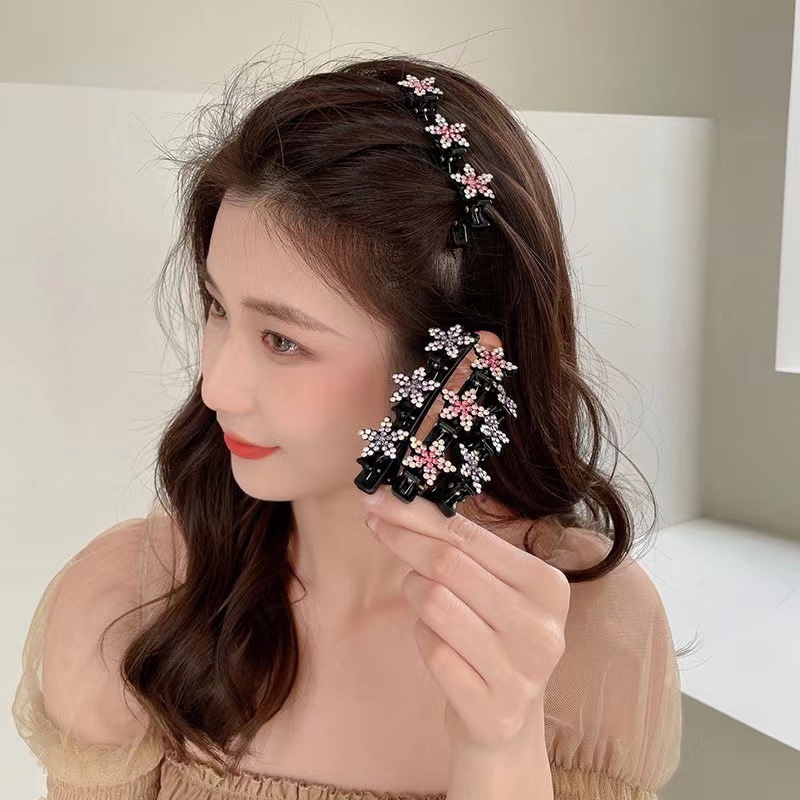 Jepit Rambut Kepang Batu Kristal Berkilau Korea/ Jepit Rambut Kepang Double Layer Poni Bunga Manis Untuk Wanita Perempuan