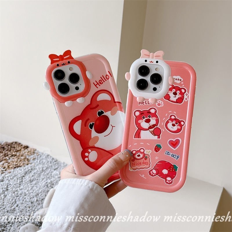 Case Compatible Untuk iPhone 11 Pro Max8 7 6s 6 Plus XR 14 13 12 Pro Max14 Plus X XS Max SE 2020 Kartun Sweet Strawberry Bear Manyo Cute 3D Bow-knot Little Monster Lens Soft Cover