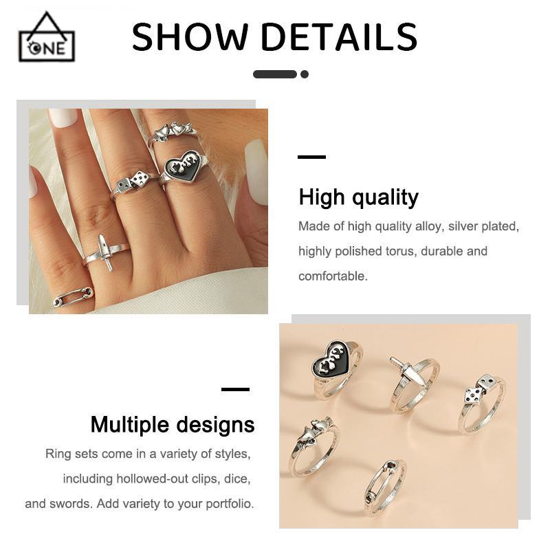 COD❤️Domingo Ring Alloy peniti dadu love pedang retro silver cincin wanita fashion korea 5 set-A.one