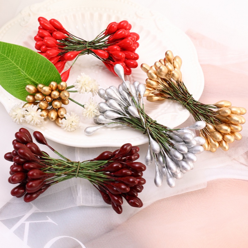 50pcs Fleksibel 2kepala Berry Bunch Xmas Pohon Karangan Bunga DIY Ornamen Buatan Merah Golden Berries Tahun Baru Natal Pernikahan Pesta Dekorasi