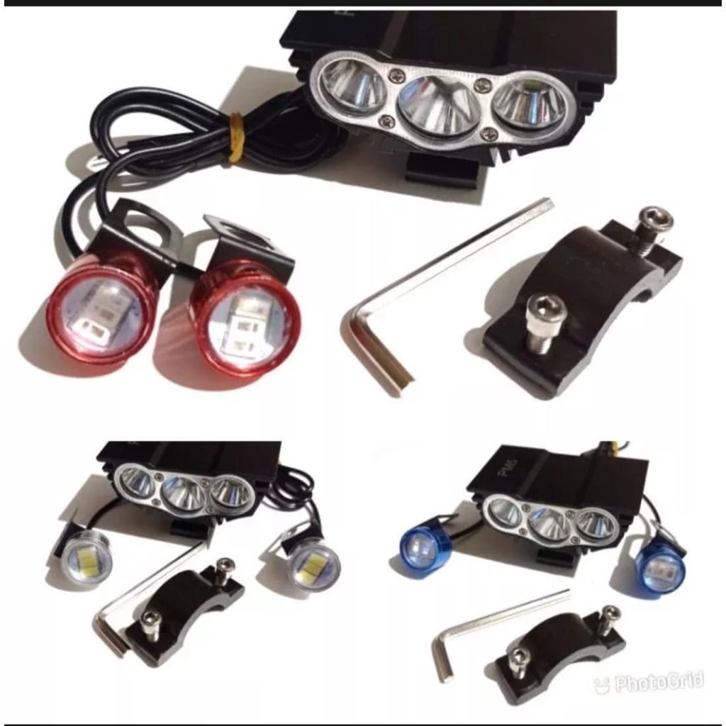 paket lampu tembak owl 3 mata cahaya putih+lampu led mata elang universal semua jenis motor