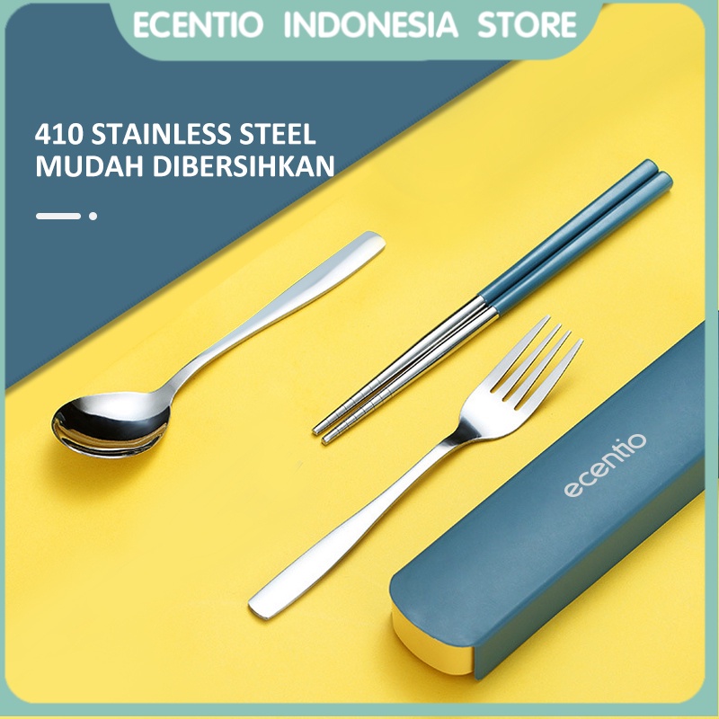 ecentio Stainless Steel Set Peralatan Makan Travel Makan Dengan wadah Sendok Garpu Sendok Garpu Set