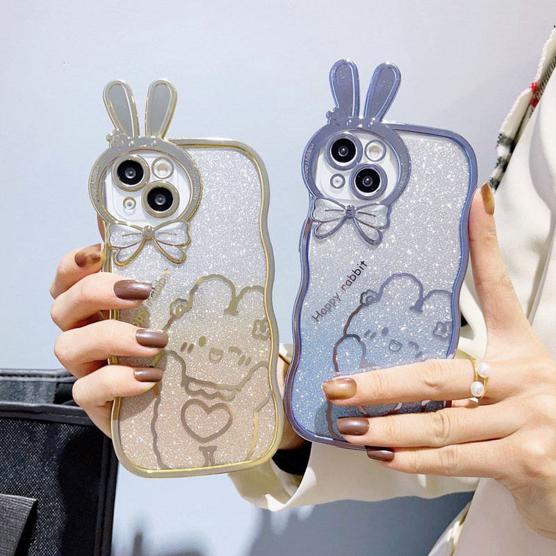 Cute Rabbit Glittering Big Wave Design Electroplating Soft Silicone Bunny Case hp for iPhone 14 Plus Casing IPhone 11 12 13 14 Pro Max Women's Girls Gifts Bumper Cover