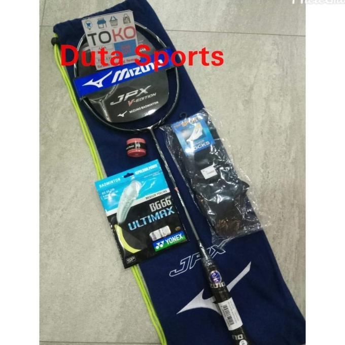 RAKET BADMINTON MIZUNO JPX V-EDITION + BG 66 ULTIMAX + SABLON LOGO