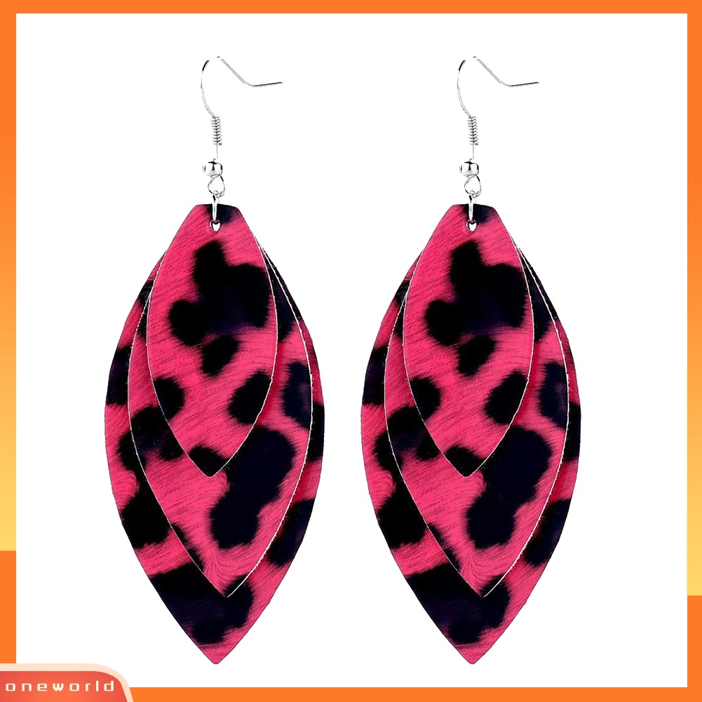[WONE] Wanita Leopard Triple Layer Bentuk Daun Kulit Imitasi Anting Kait Menjuntai Panjang