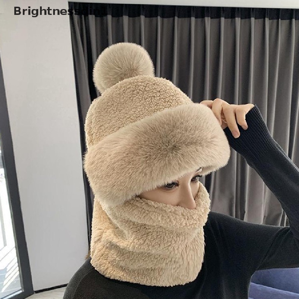 [Brightnessdin1] Winter Beanie Scarf Set Kerudung Untuk Wanita Bulu Cashmere Leher Hangat Rusia Outdoor Ski Topi Anti Angin Tebal Mewah Berbulu Kupluk Butik