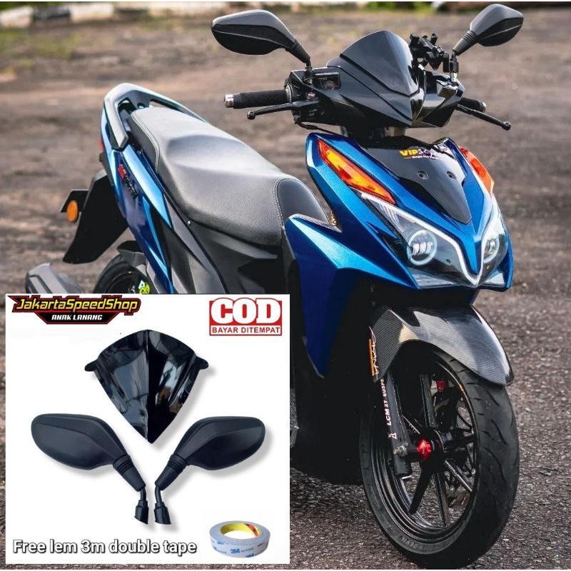 Paket variasi spion click hitam polos plus visor honda vario 125 old bahan full akrilik warna hitam smoke bening carbon