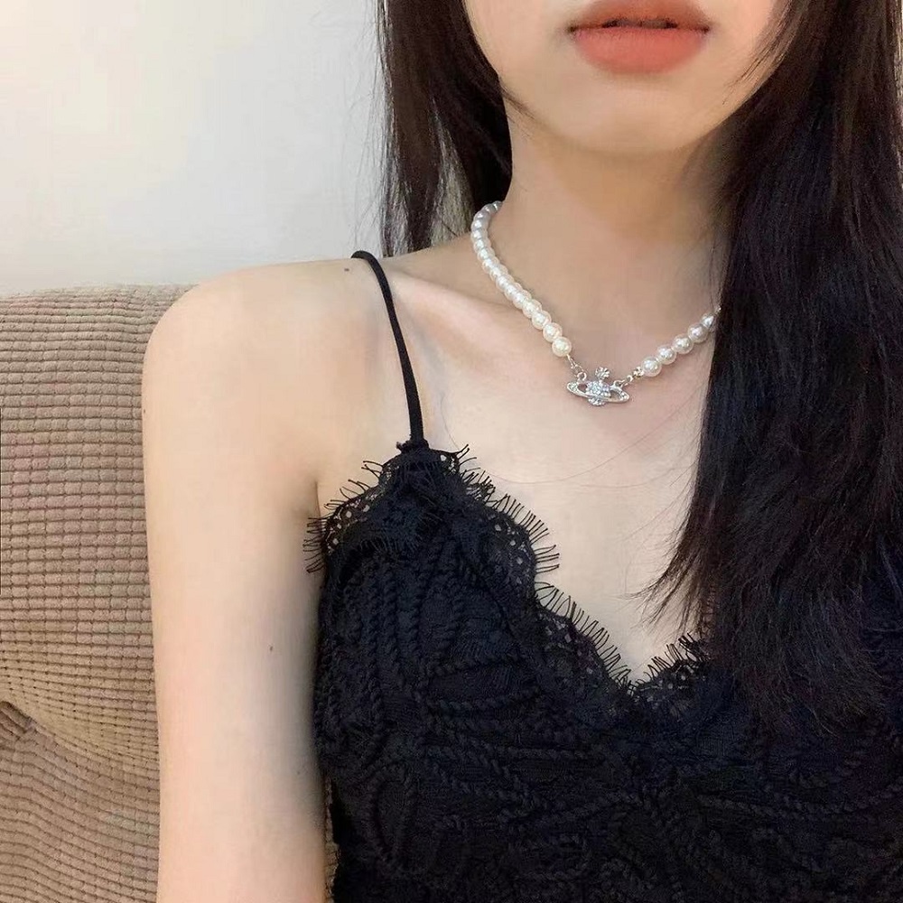 Gelang Kalung Mutiara Mewah Kristal Saturnus Gelang Choker Elegan Untuk Wanita Aksesoris Perhiasan