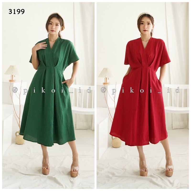 Dress natal merah imlek / dress wanita v neck lengan pendek / dress katun linen korea / 3199