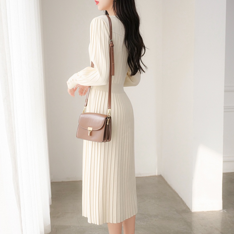 [Premium] V Neck  Long Sleeve Ribbed Stretch Midi Dresses  2355