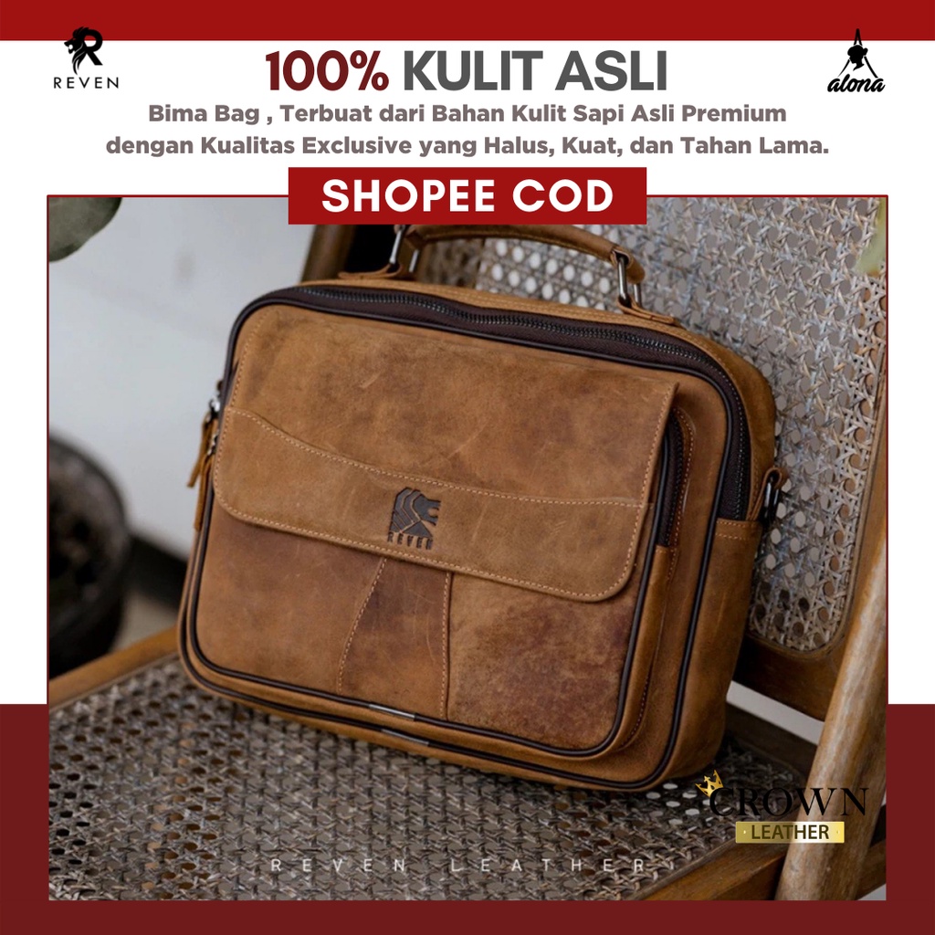 Tas Selempang Pria Slingbag Cowok Bahan 100% Kulit Sapi Asli Original BIMA Sling Bag Tas Kerja Kantor Muat Banyak IPad Tablet by Crown Leather CrownLeather Store