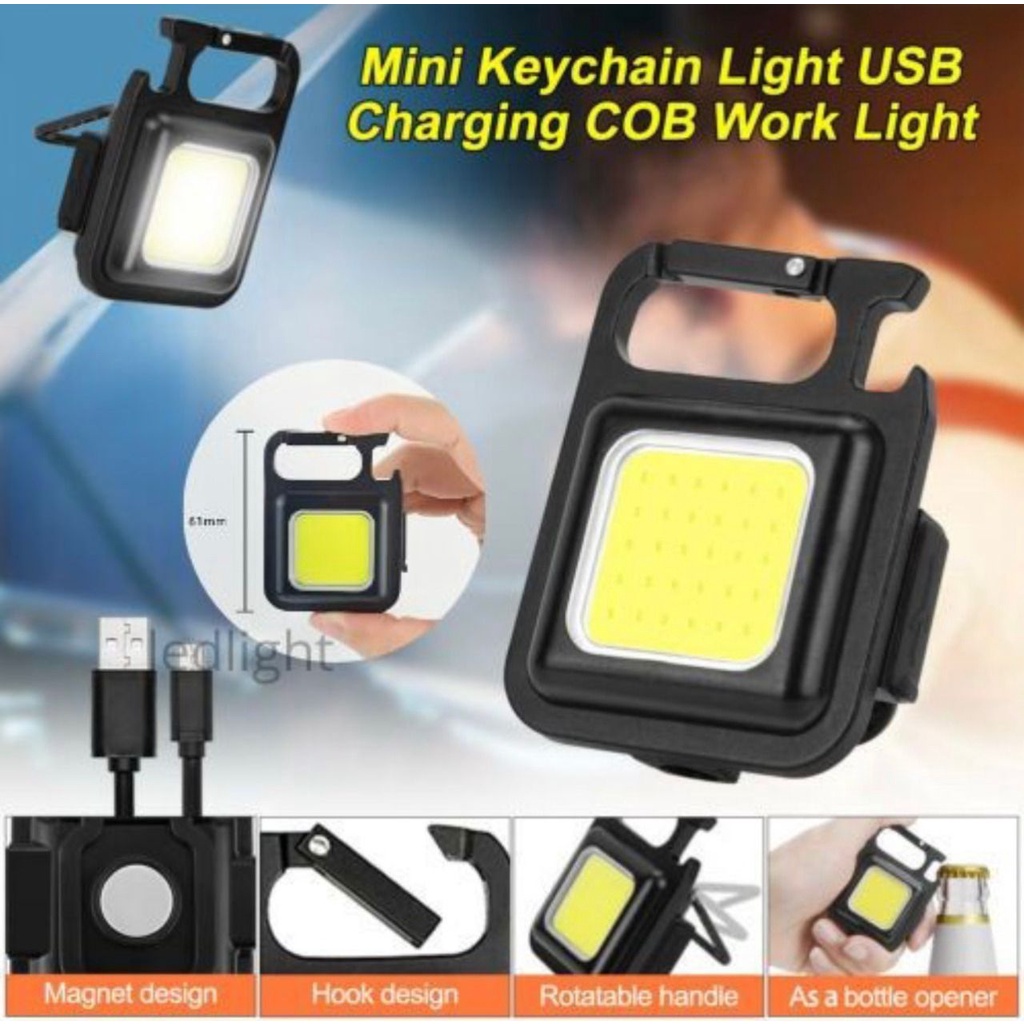 ( bahan besi )Lampu mini Cob keychain lampu senter LED portable light USB recharger / LED emergency dengan gantung kunci untuk outdoor / memancing / camping