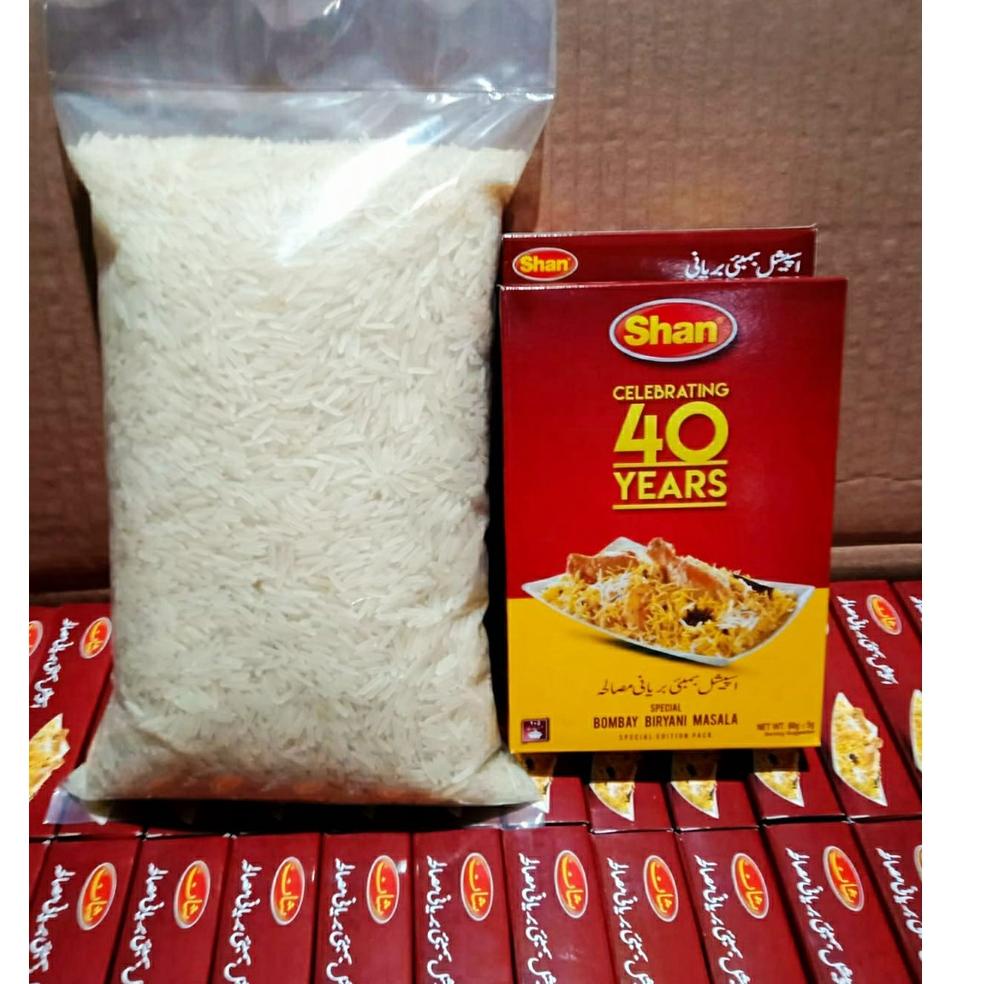 

I(7R㊛) PAKET NASI BRIYANI ( BASMATI 1 KG + SHAN BUMBU INSTANT BRIYANI 1 ) proses cepat