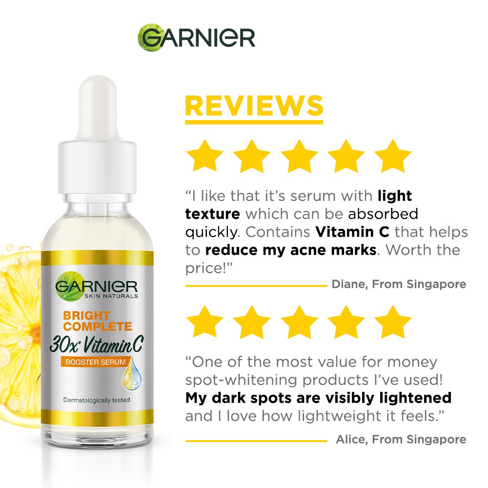 Garnier Bright Complete Vitamin C 30x Booster Serum 30ml - Kulit Cerah(Light Complete) Pemutih Kulit Mencerahkan Brightening Flek Hitam