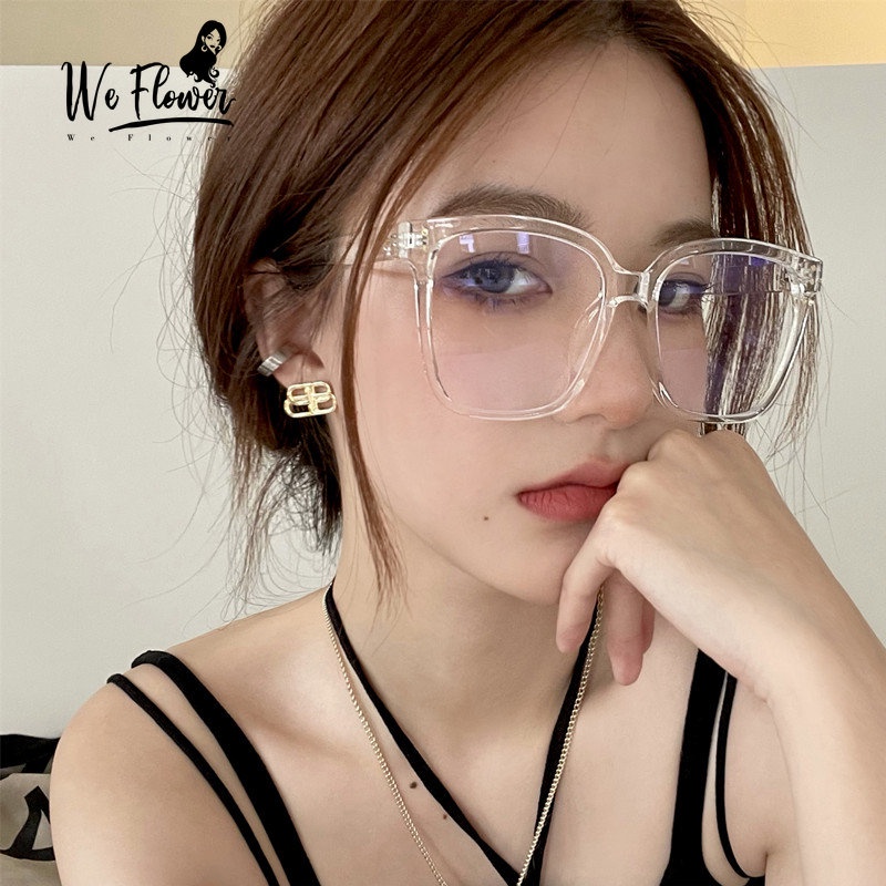 We Flower Ins Trendy Besar Transparan Bingkai Persegi Kacamata Untuk Wanita Perempuan Korea Kacamata Lensa Bening Outdoor Fashion Eyewear OOTD Ornaments