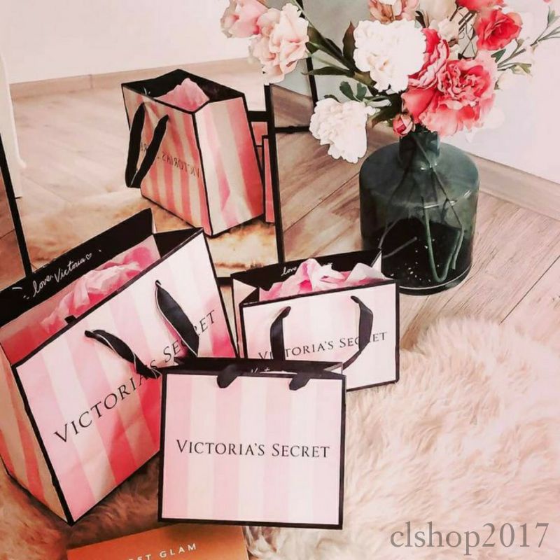 ON SALE!❤VICTORIA'S SECRET VS PAPER BAG SIZE M UKURAN SEDANG GARIS-GARIS MERAH MUDA KANTONG KERTAS GOODIE BAG BINGKISAN BUNGKUSAN