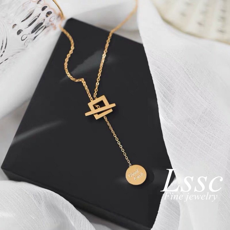 Kalung Titanium Wanita Anti Karat 'Good Luck' Emas 18K Persegi Geometris Aksesoris Fashion Korea