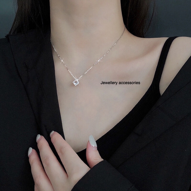 Kalung Titanium Silver Simple Diamond Mewah Korea Fashion Style