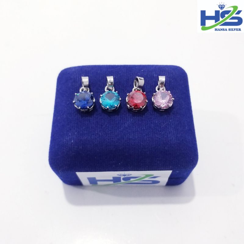 Liontin Perak Silver Asli 925 Lapis Putih Model Desi Batu Warna Biru Tosca Orangae Dan Pink - Liontin Perak Anti Karat