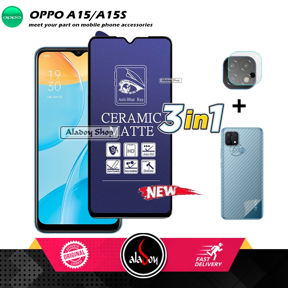 PAKET 3IN1 Anti Gores Blue Matte Anti Glare Oppo A15/A15S + Tempered Glass Camera dan Skin Carbon