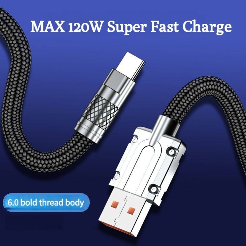 120w Kabel USB Type C Fast Charging 6A Kawat Pengisian Super Cepat Dengan Lampu Indikator Untuk Ponsel USB Type C Charger