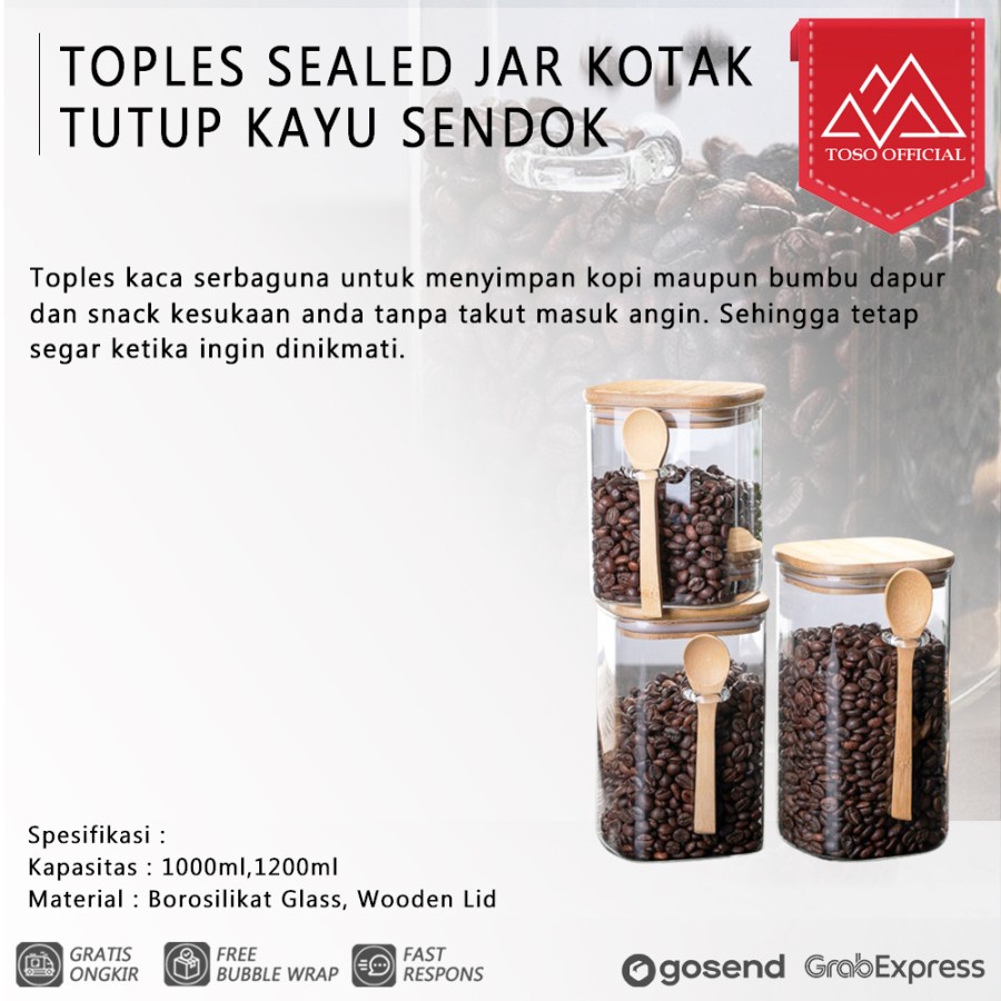 TOPLES KOTAK TUTUP KAYU + SENDOK TOPLES BUMBU DAPUR TOPLES KOPI JAR