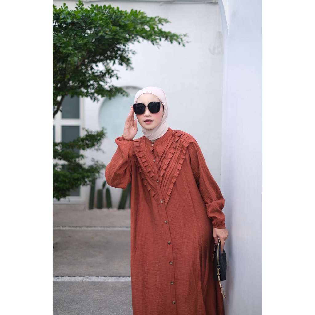 Rayya Dress Rempel Dada Ful Kancing Baju Gamis Wanita Muslim Busui Jumbo Bahan Polo Linen Premium Fit to XXL Kekinian Dress Kondangan Mewah Simple Terbaru  Gamis Lebaran Viral 2022