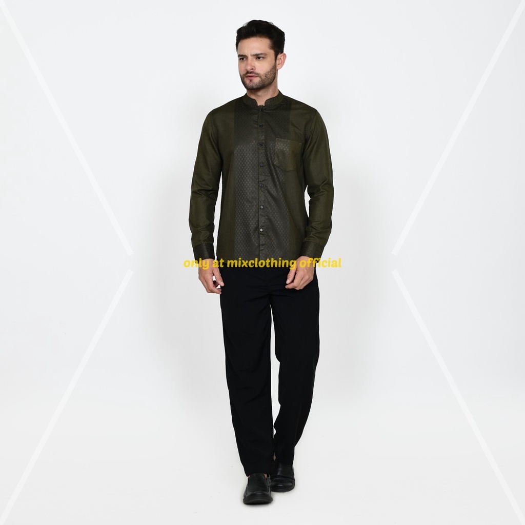 Timofey Koko Muslim Pria Lengan Panjang Slim Fit Premium Hem Lebaran Hijau Army