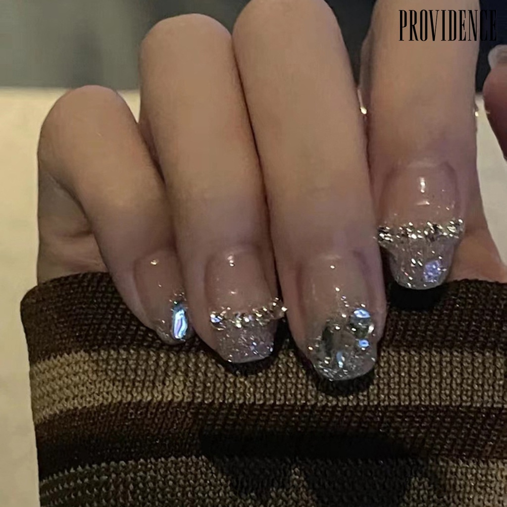 Providence 1set Kuku Buatan Mempesona Efek Visual Penuh Penutup Dilepas DIY Berkilau Rusak Faux Diamond Rantai Tekan Pada Pendek Kuku Palsu Salon Pasokan