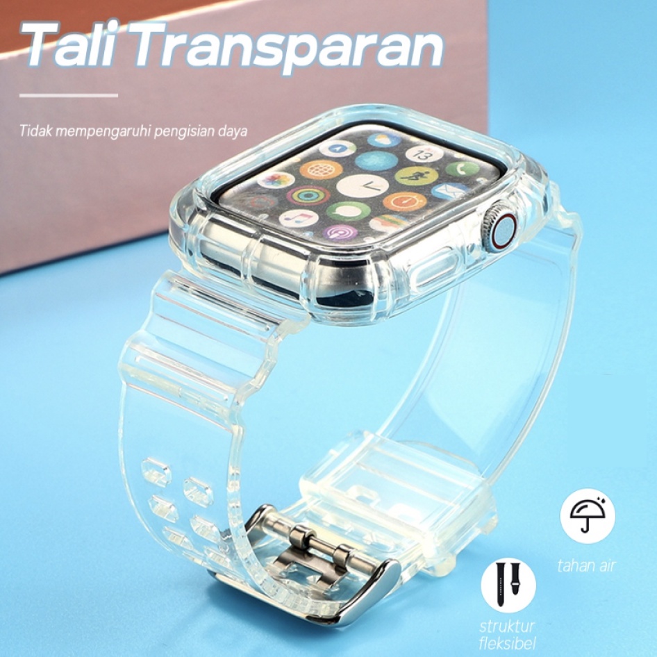 Soft Transparan Strap Untuk Apple Watch Series 1 2 3 4 5 6 7 8 SE 38mm 40mm 41mm 42mm 44mm 45mm 38 40 41 42 44 45 MM Transparent iWatch Clear Cover Set