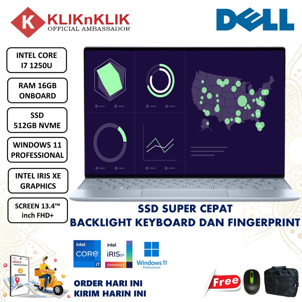 Laptop Desain DELL XPS 13 9315 Intel Core I7 1250U 16GB 512GB SSD 13.3 FHD+ IRIS XE Windows 10 Professional Sky Blue Terlaris